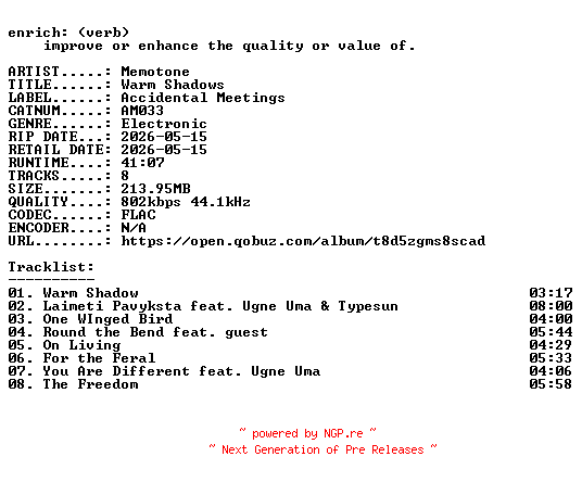 NFO for the release Memotone-Warm_Shadows-(AM033)-16BIT-WEB-FLAC-2026-ENRiCH by ENRiCH
