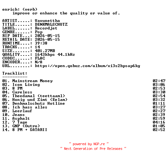 NFO for the release Vavunettha-DENKMALSCHUTZ-DE-24BIT-WEB-FLAC-2026-ENRiCH by ENRiCH
