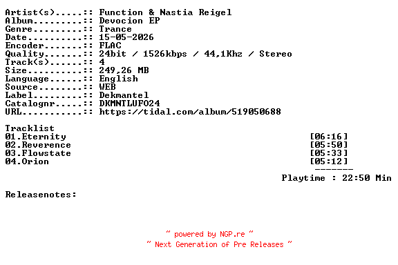 NFO for the release Function_And_Nastia_Reigel-Devocion_EP-DKMNTLUFO24-24BIT-WEB-FLAC-2026-WAVED by WAVED