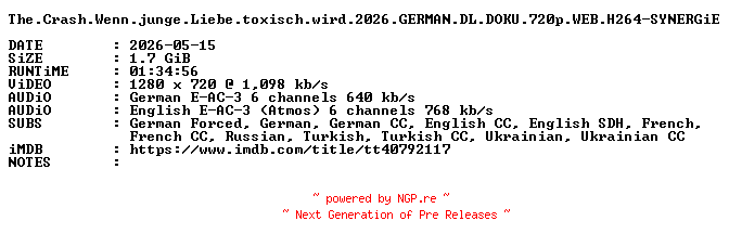 NFO for the release The.Crash.Wenn.junge.Liebe.toxisch.wird.2026.GERMAN.DL.DOKU.720p.WEB.H264-SYNERGiE by SYNERGiE