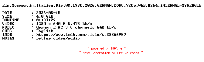NFO for the release Ein.Sommer.in.Italien.Die.WM.1990.2026.GERMAN.DOKU.720p.WEB.H264.iNTERNAL-SYNERGiE by SYNERGiE