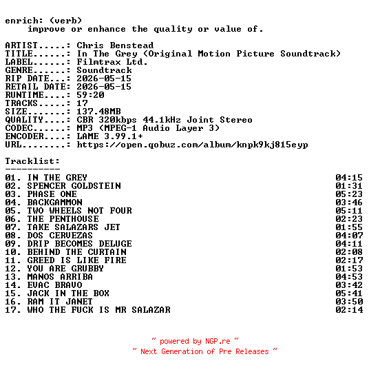 NFO for the release Chris_Benstead-In_The_Grey_(Original_Motion_Picture_Soundtrack)-OST-WEB-2026-ENRiCH by ENRiCH