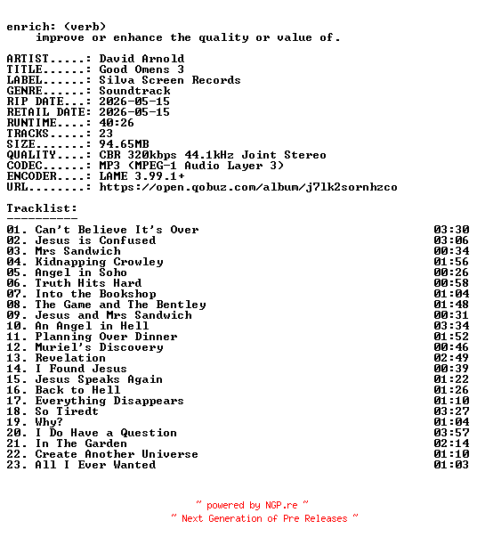NFO for the release David_Arnold-Good_Omens_3-OST-WEB-2026-ENRiCH by ENRiCH