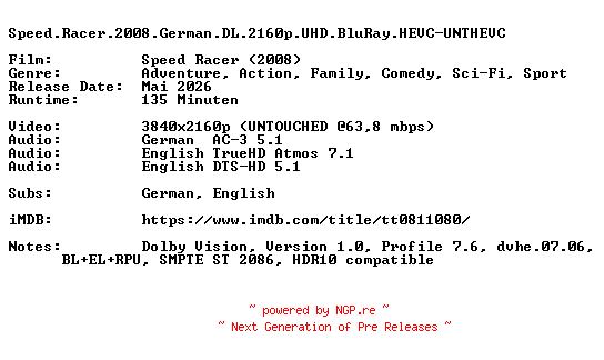 NFO for the release Speed.Racer.2008.German.DL.2160p.UHD.BluRay.HEVC-UNTHEVC by UNTHEVC
