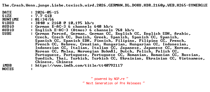 NFO for the release The.Crash.Wenn.junge.Liebe.toxisch.wird.2026.GERMAN.DL.DOKU.HDR.2160p.WEB.H265-SYNERGiE by SYNERGiE