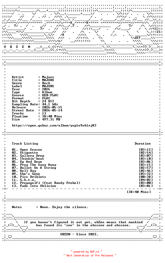 NFO for the release Majors-MAJORS-24BIT-44KHZ-WEB-FLAC-2026-OBZEN by OBZEN