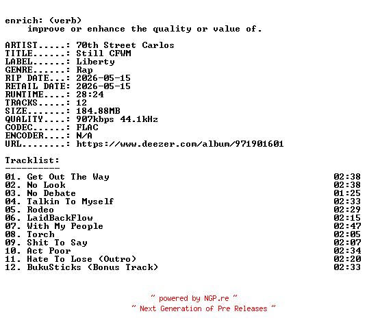 NFO for the release 70th_Street_Carlos-Still_CFWM-16BIT-WEB-FLAC-2026-ENRiCH by ENRiCH