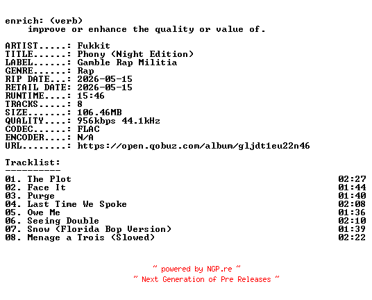 NFO for the release Fukkit-Phony_(Night_Edition)-EP-16BIT-WEB-FLAC-2026-ENRiCH by ENRiCH