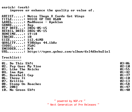 NFO for the release Nutso_Thugn_X_Cardo_Got_Wings-VOICE_OF_THE_KLAN-16BIT-WEB-FLAC-2026-ENRiCH by ENRiCH
