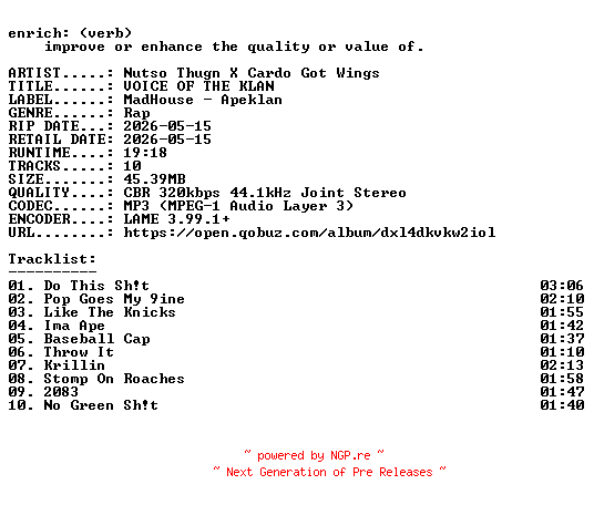 NFO for the release Nutso_Thugn_X_Cardo_Got_Wings-VOICE_OF_THE_KLAN-WEB-2026-ENRiCH by ENRiCH