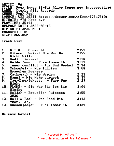 NFO for the release VA-Fuer_Immer_16-But_Alive_Songs_Neu_Interpretiert-DE-16BIT-WEB-FLAC-2026-SDR by SDR