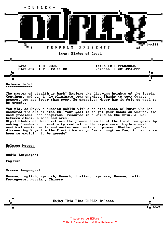 NFO for the release Styx.Blades.of.Greed.PS5-DUPLEX by DUPLEX