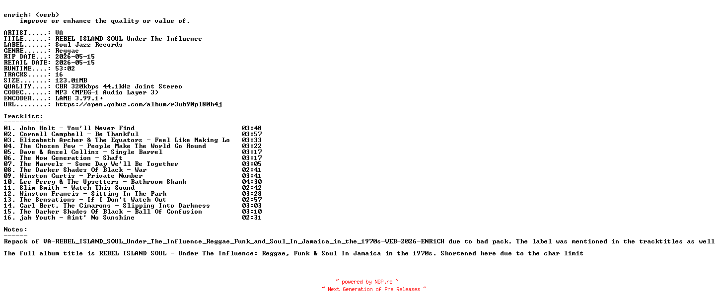 NFO for the release VA-REBEL_ISLAND_SOUL_Under_The_Influence-REPACK-WEB-2026-ENRiCH by ENRiCH