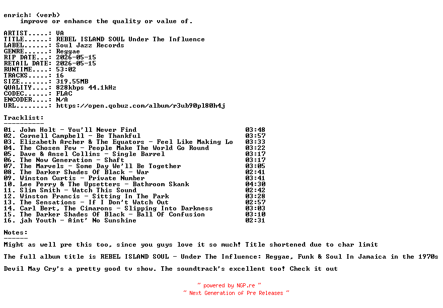 NFO for the release VA-REBEL_ISLAND_SOUL_Under_The_Influence-16BIT-WEB-FLAC-2026-ENRiCH by ENRiCH