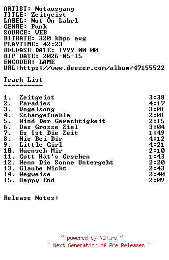 NFO for the release Notausgang-Zeitgeist-WEB-DE-1999-SDR by SDR
