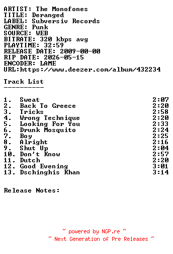 NFO for the release The_Monofones-Deranged-WEB-2009-SDR by SDR