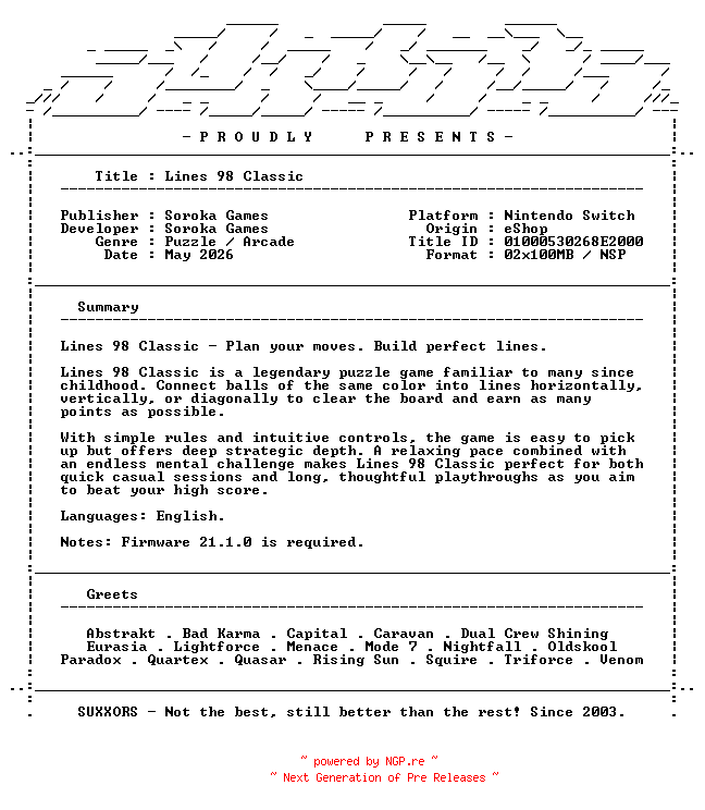 NFO for the release Lines_98_Classic_NSW-SUXXORS by SUXXORS