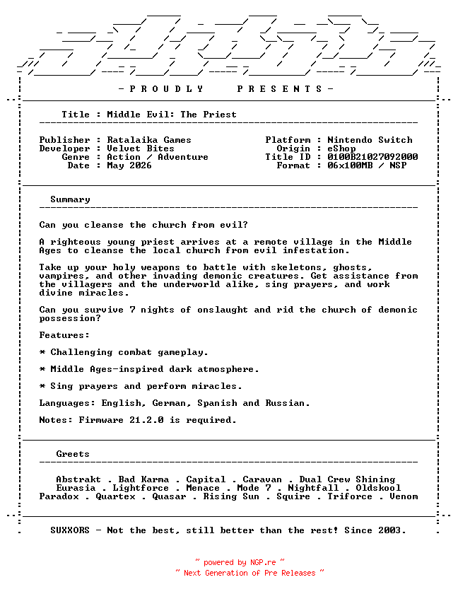 NFO for the release Middle_Evil_The_Priest_NSW-SUXXORS by SUXXORS