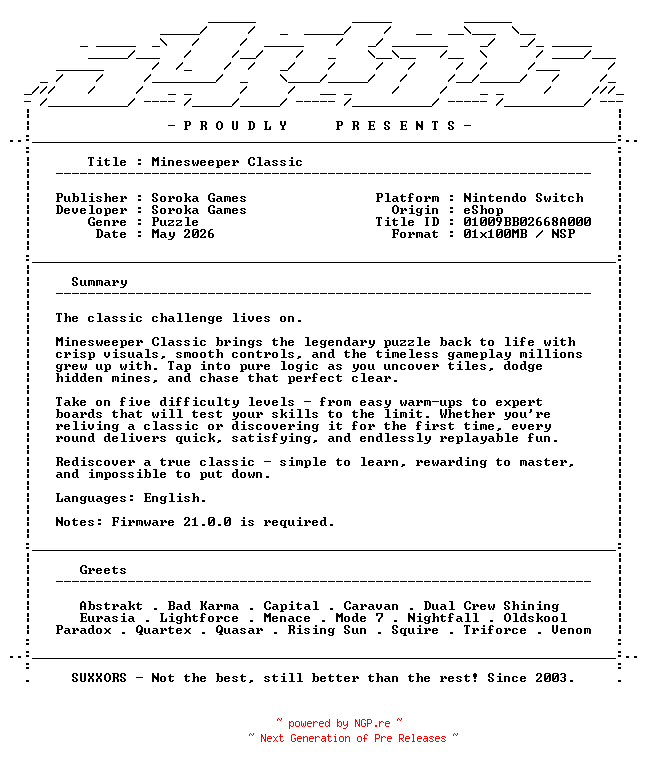 NFO for the release Minesweeper_Classic_NSW-SUXXORS by SUXXORS
