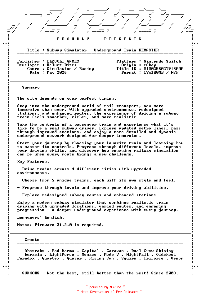 NFO for the release Subway_Simulator_Underground_Train_REMASTER_NSW-SUXXORS by SUXXORS