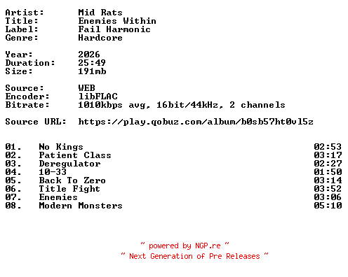 NFO for the release Mid_Rats-Enemies_Within-16BIT-WEB-FLAC-2026-VEXED by VEXED