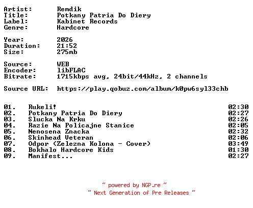 NFO for the release Remdik-Potkany_Patria_Do_Diery-24BIT-WEB-FLAC-2026-VEXED by VEXED
