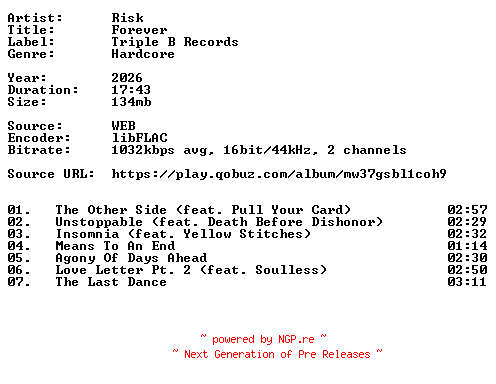 NFO for the release Risk-Forever-16BIT-WEB-FLAC-2026-VEXED by VEXED