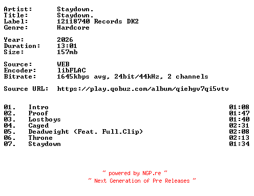 NFO for the release Staydown.-Staydown.-24BIT-WEB-FLAC-2026-VEXED by VEXED