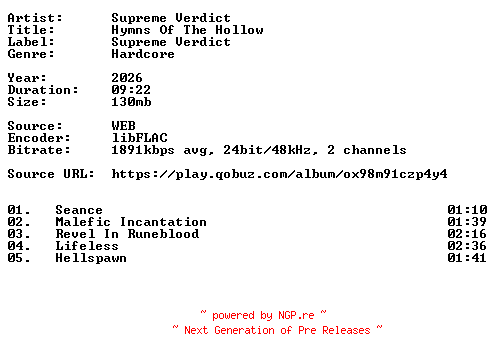 NFO for the release Supreme_Verdict-Hymns_Of_The_Hollow-24BIT-WEB-FLAC-2026-VEXED by VEXED