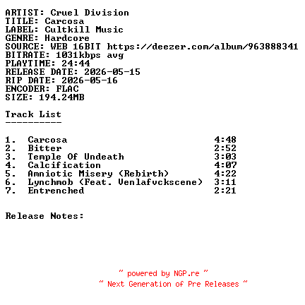 NFO for the release Cruel_Division-Carcosa-16BIT-WEB-FLAC-2026-SDR by SDR