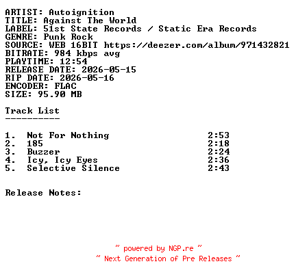 NFO for the release Autoignition-Against_The_World-16BIT-WEB-FLAC-2026-SDR by SDR