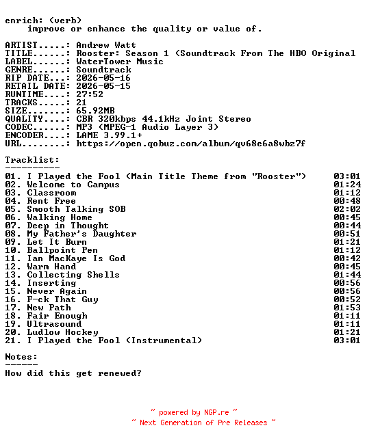 NFO for the release Andrew_Watt-Rooster_Season_1_(Soundtrack_From_The_HBO_Original_Series)-OST-WEB-2026-ENRiCH by ENRiCH