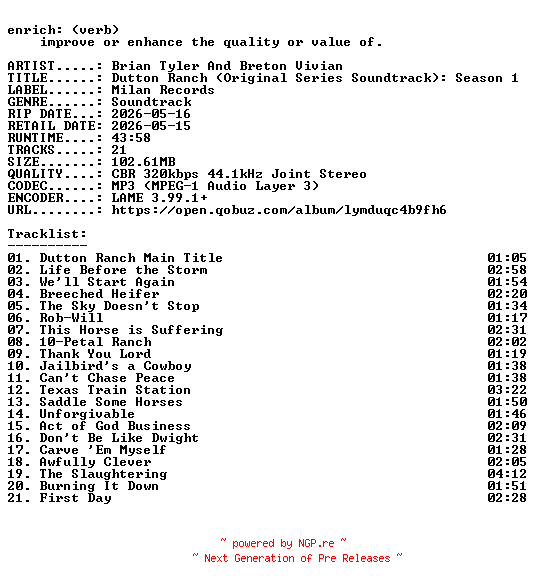 NFO for the release Brian_Tyler_And_Breton_Vivian-Dutton_Ranch_(Original_Series_Soundtrack)_Season_1-OST-WEB-2026-ENRiCH by ENRiCH