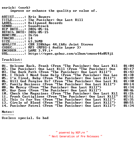 NFO for the release Kris_Bowers-The_Punisher_One_Last_Kill-OST-WEB-2026-ENRiCH by ENRiCH