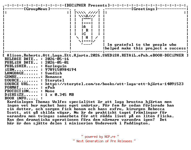 NFO for the release Alison.Roberts.Att.Laga.Ett.Hjarta.2026.SWEDiSH.RETAiL.ePub.eBOOK-DECiPHER by DECiPHER