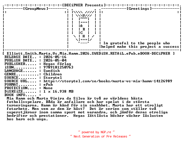 NFO for the release Elliott.Smith.Marta.Vs.Mia.Hamm.2026.SWEDiSH.RETAiL.ePub.eBOOK-DECiPHER by DECiPHER