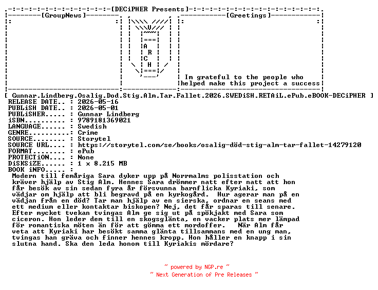 NFO for the release Gunnar.Lindberg.Osalig.Dod.Stig.Alm.Tar.Fallet.2026.SWEDiSH.RETAiL.ePub.eBOOK-DECiPHER by DECiPHER