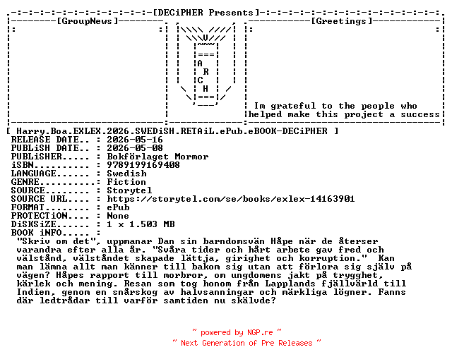 NFO for the release Harry.Boa.Exlex.2026.SWEDiSH.RETAiL.ePub.eBOOK-DECiPHER by DECiPHER