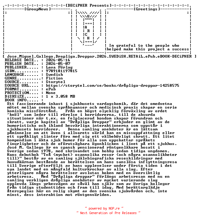 NFO for the release Jose.Miguel.Gallego.Drapliga.Droppar.2026.SWEDiSH.RETAiL.ePub.eBOOK-DECiPHER by DECiPHER