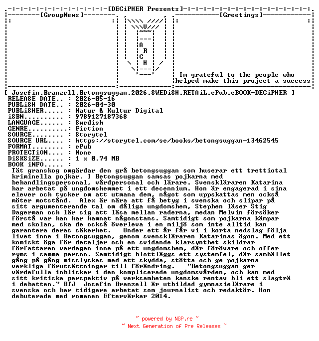 NFO for the release Josefin.Branzell.Betongsuggan.2026.SWEDiSH.RETAiL.ePub.eBOOK-DECiPHER by DECiPHER