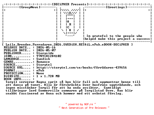 NFO for the release Laila.Brenden.Forradaren.2026.SWEDiSH.RETAiL.ePub.eBOOK-DECiPHER by DECiPHER