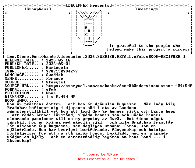 NFO for the release Lyn.Stone.Den.Okande.Viscounten.2026.SWEDiSH.RETAiL.ePub.eBOOK-DECiPHER by DECiPHER