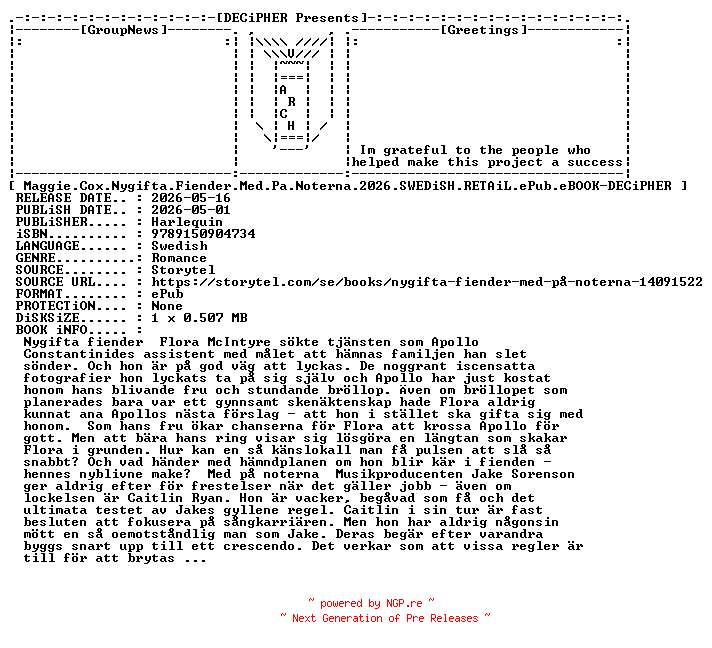 NFO for the release Maggie.Cox.Nygifta.Fiender.Med.Pa.Noterna.2026.SWEDiSH.RETAiL.ePub.eBOOK-DECiPHER by DECiPHER