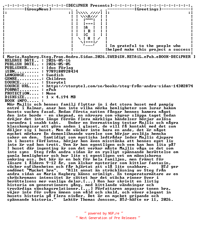 NFO for the release Maria.Hagberg.Steg.Fran.Andra.Sidan.2026.SWEDiSH.RETAiL.ePub.eBOOK-DECiPHER by DECiPHER