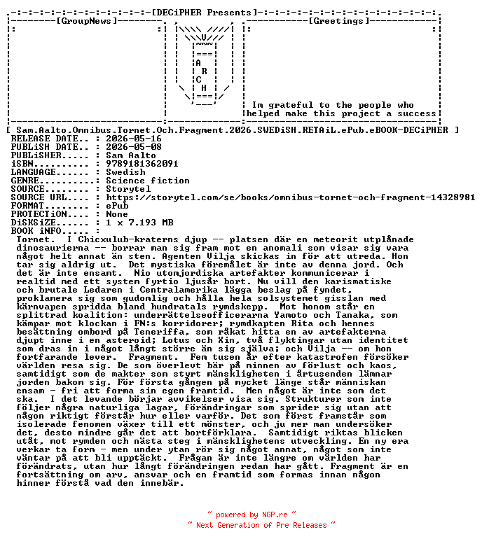 NFO for the release Sam.Aalto.Omnibus.Tornet.Och.Fragment.2026.SWEDiSH.RETAiL.ePub.eBOOK-DECiPHER by DECiPHER