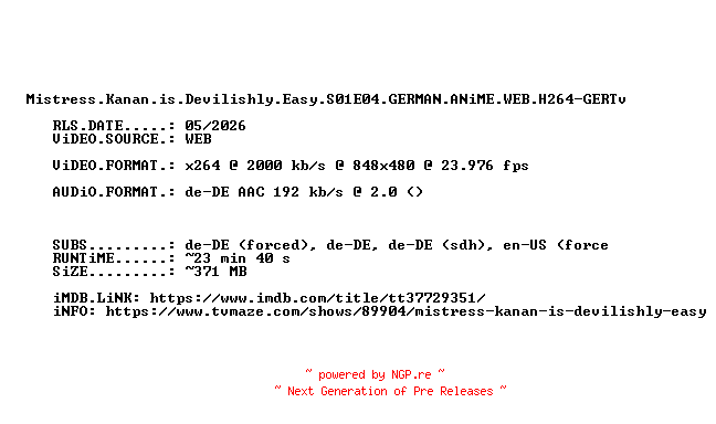 NFO for the release Mistress.Kanan.is.Devilishly.Easy.S01E04.GERMAN.ANiME.WEB.H264-GERTv by GERTv