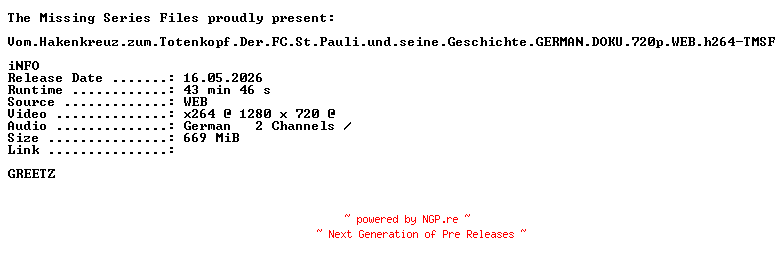 NFO for the release Vom.Hakenkreuz.zum.Totenkopf.Der.FC.St.Pauli.und.seine.Geschichte.GERMAN.DOKU.720p.WEB.h264-TMSF by TMSF