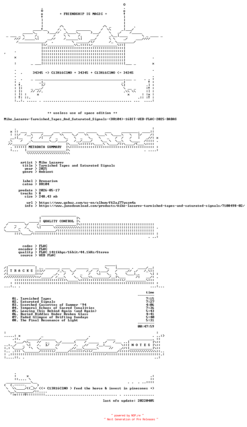 NFO for the release Mike_Lazarev-Tarnished_Tapes_And_Saturated_Signals-(DR104)-16BIT-WEB-FLAC-2025-BABAS by BABAS