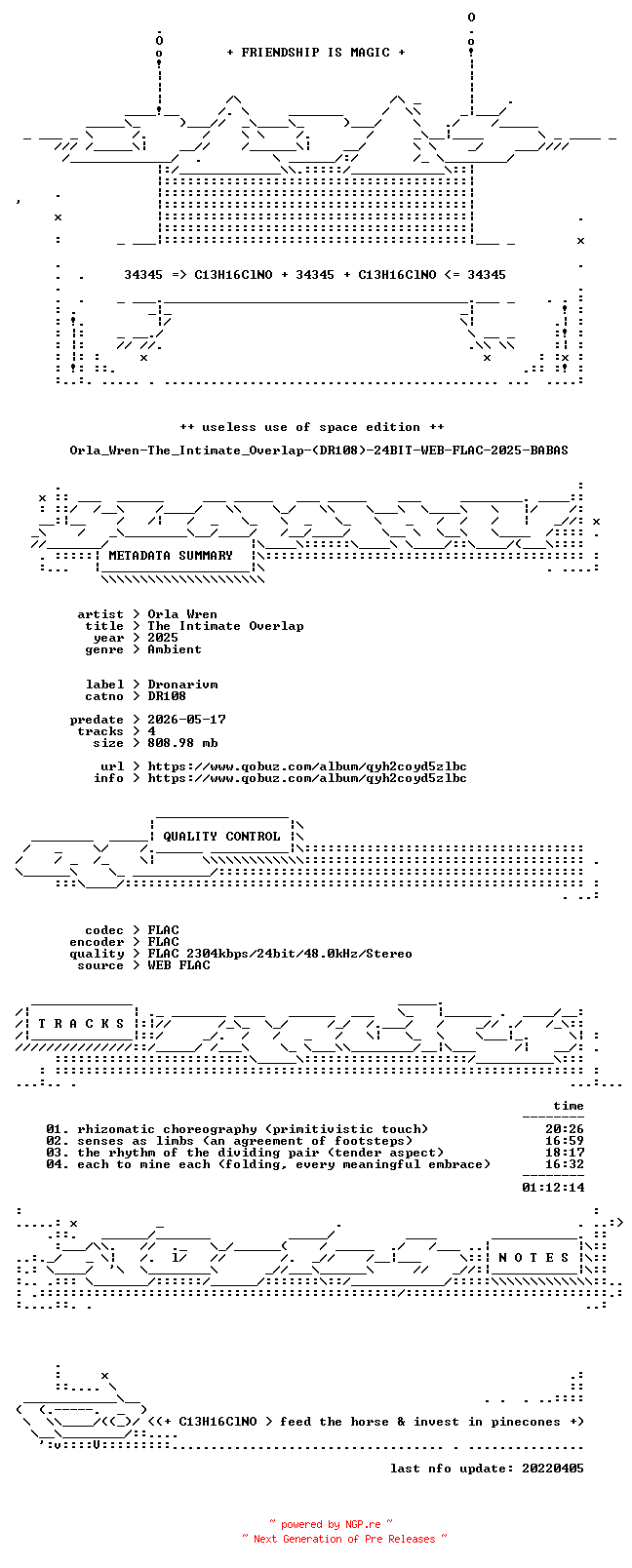 NFO for the release Orla_Wren-The_Intimate_Overlap-(DR108)-24BIT-WEB-FLAC-2025-BABAS by BABAS