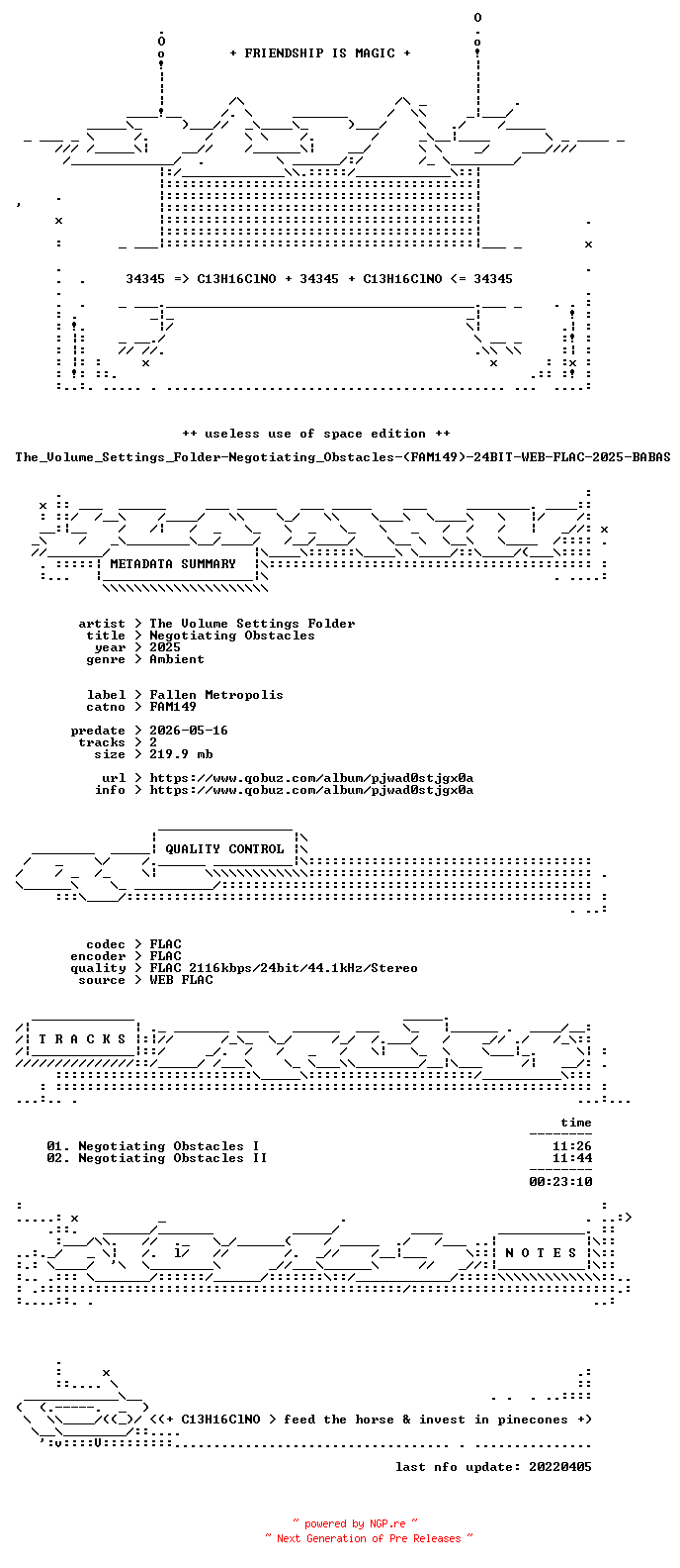 NFO for the release The_Volume_Settings_Folder-Negotiating_Obstacles-(FAM149)-24BIT-WEB-FLAC-2025-BABAS by BABAS